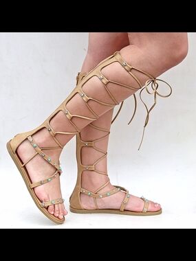 Knee-High Gladiator Sandals in Tan with Gem Accents